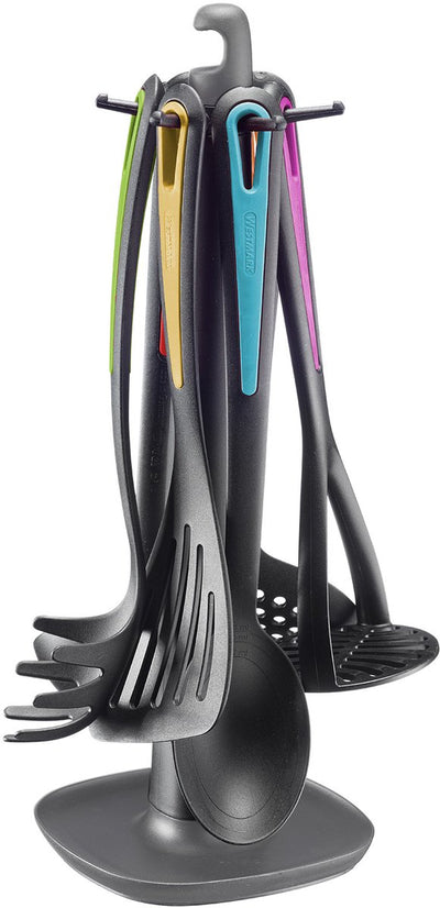 Westmark Küchengeschirr – rotierender Standard-Galant mit Kartoffelstampfer, Gemüselöffel, Spaghettilöffel, Suppenlöffel, Schaumlöffel und Pfannenwender – mehrfarbig, 7-teiliges Set