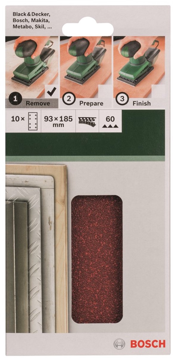 Bosch 10-teiliges Schleifblatt-Set für Exzenterschleifer 93 x 185 mm – Körnung 60