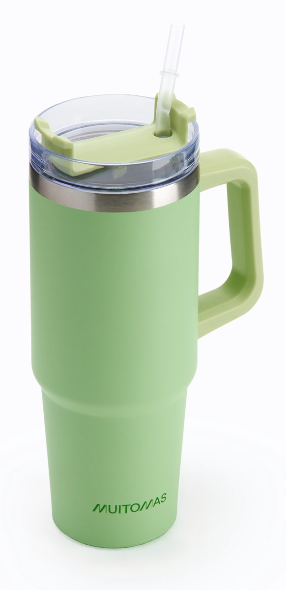 Muitomas Reisebecher – Reisebecher – doppelt isolierte Wand – praktischer Strohhalm-Griff – 900 ml – grün