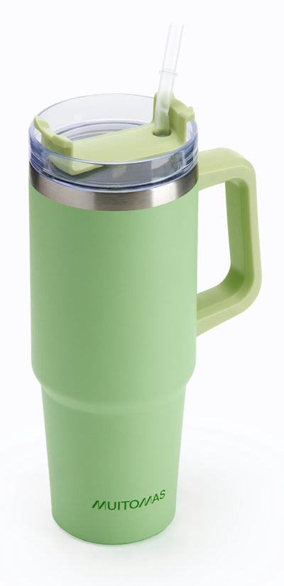 Muitomas Reisebecher – Reisebecher – doppelt isolierte Wand – praktischer Strohhalm-Griff – 900 ml – grün