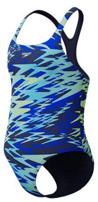 Speedo H-Boom Print Medalist 1-teiliger Mädchen-Sportbadeanzug – Marinegrün