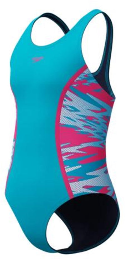 Speedo H-Boom Splice Muscleback 1-teiliger Mädchen-Sportbadeanzug – Türkisrosa