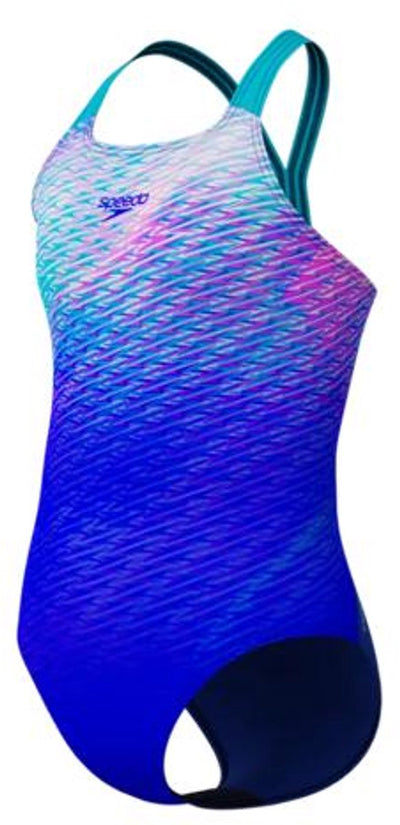 Speedo Print Powerback Sport-Badeanzug für Mädchen – Blau Türkis