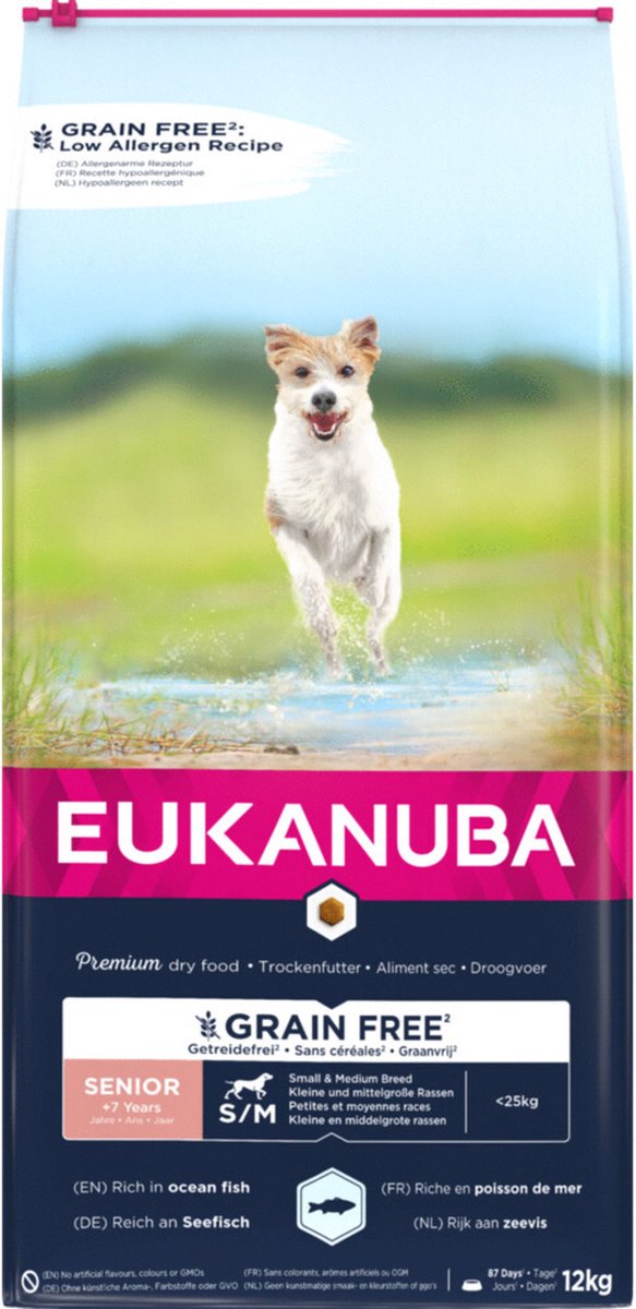 Eukanuba Senior, kleine, mittelgroße Rasse, getreidefreier Meeresfisch – Hundefutter – 12 kg