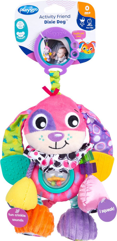Playgro Aktivitätsfreund Dixie Hund – Babyspielzeug – Hängespielzeug – Kinderwagenspielzeug – Rassel – Kinderwagenzubehör – Buggy-Zubehör – Lernspielzeug – Stofftier