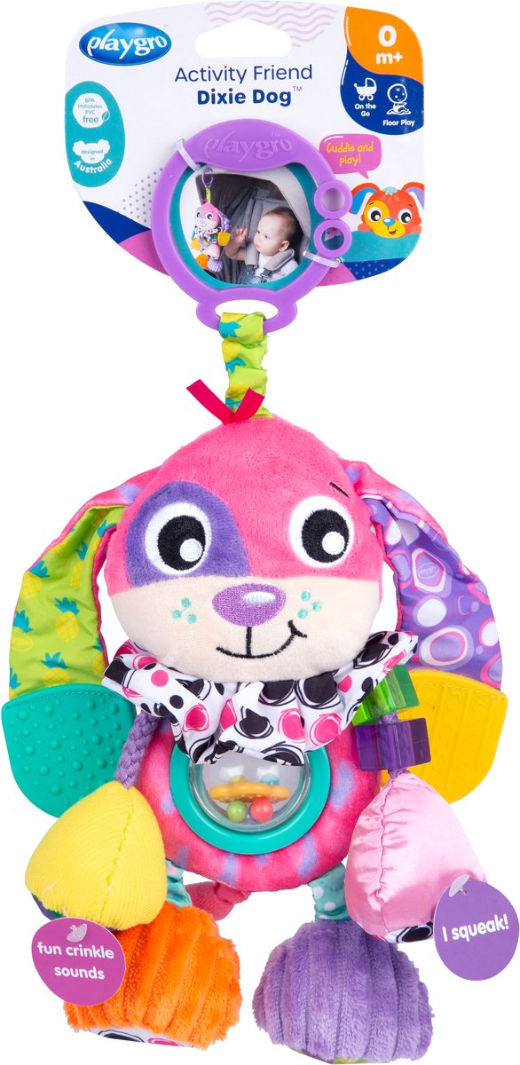 Playgro Aktivitätsfreund Dixie Hund – Babyspielzeug – Hängespielzeug – Kinderwagenspielzeug – Rassel – Kinderwagenzubehör – Buggy-Zubehör – Lernspielzeug – Stofftier