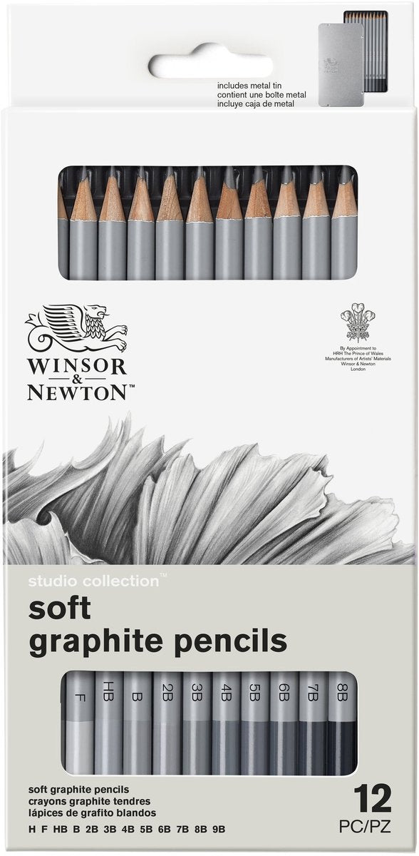 Winsor Newton 0490007 Professionelles Graphitstift-Set x12 – weiche Skizzenstifte, Zeichenstifte H bis M 9B in Metalldose