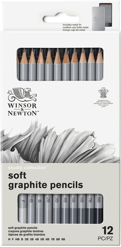 Winsor Newton 0490007 Professionelles Graphitstift-Set x12 – weiche Skizzenstifte, Zeichenstifte H bis M 9B in Metalldose