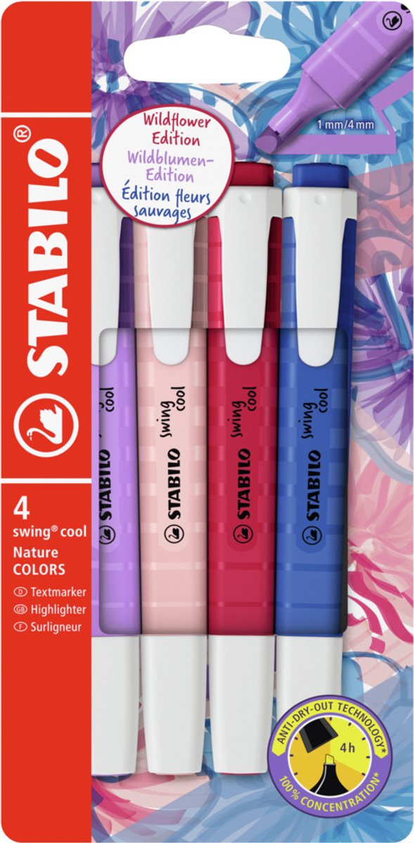 Stabilo Swing Cool – Textmarker – perfekt für unterwegs – Naturecolors Wildflower – Etui mit 4 Farben