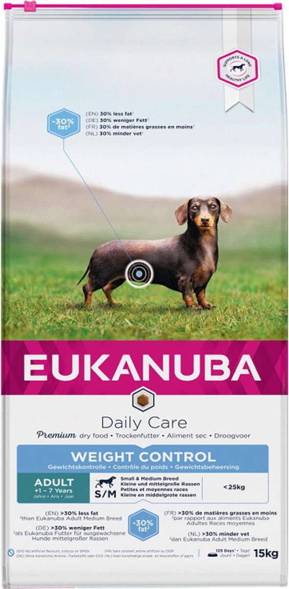 Eukanuba Hundefutter für ausgewachsene kleine und mittlere Rassen zur Gewichtskontrolle – Huhn 2,3 kg