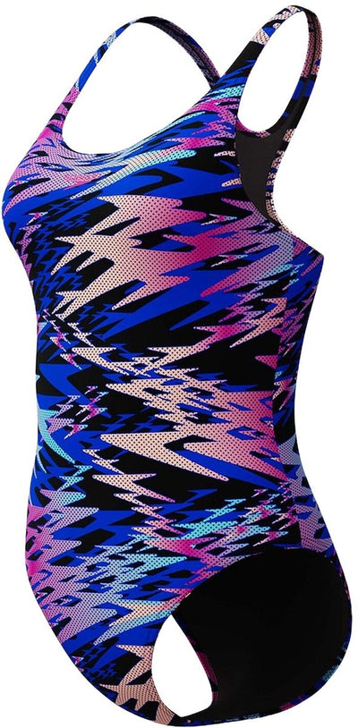 Speedo Hyperboom Print Medalist 1-teiliger Damen-Sportbadeanzug – Schwarz-Rosa