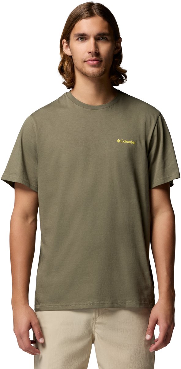 Columbia csc™ Outdoor Back Graphic Tee Herren-Outdoor-Shirt – Steingrün, leuchtende Sandlandschaft