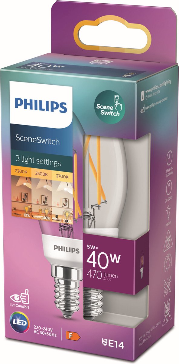 Philips LED-Kerzen-Szenenschalter transparent – 40 W – E14 – warmweißes Licht