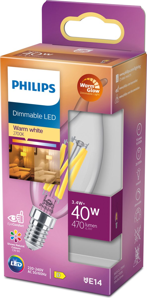 Philips LED-Kerze transparent – 40 W – E14 – dimmbares warmweißes Licht