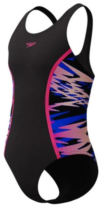 Speedo H-Boom Splice Muscleback 1-teiliger Mädchen-Sportbadeanzug – Schwarz Rosa