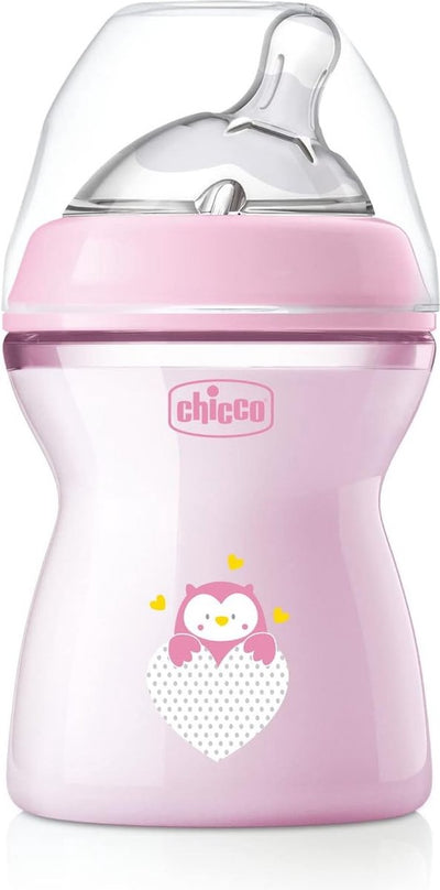 Chicco Natural Feeling Babyflasche für 2 Monate + 250 ml, Flasche mit Saugnapf aus weichem und flexiblem Silikon, geeignet für gemischtes Stillen, mitteldichter Durchfluss, rosa 2+ m