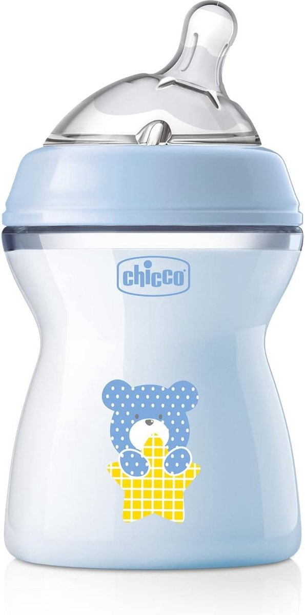 Chicco Natural Feeling Antikolik-Babyflasche, 2 Monate + 250 ml, Flasche mit Saugnapf aus weichem und flexiblem Silikon, geeignet für gemischtes Stillen, mittlerer Durchfluss, Farbe Hellblau 2+ m