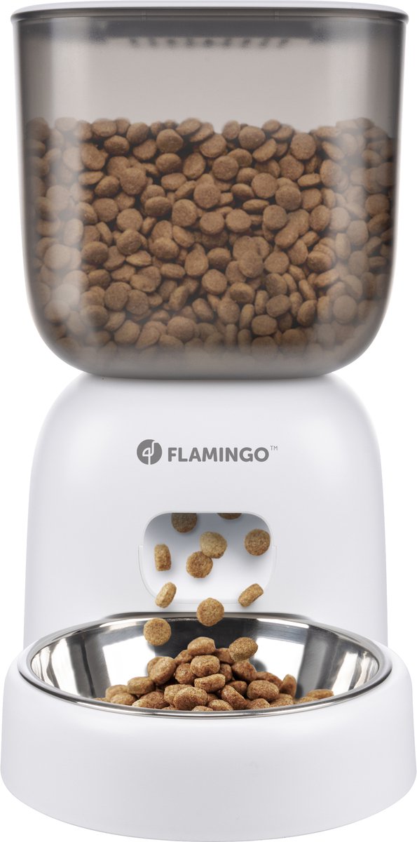 Automatischer Futterriegel Flamingo für Hunde und Katzen – Futterautomat mit Timer-Aufnahmefunktion – 3l Trockenfutter – Modell Blido – Weiß