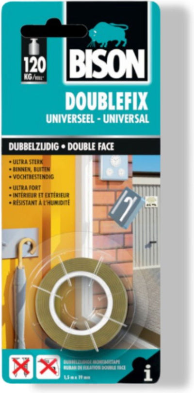 Bison doublefix 1,5 Meter x 19 mm – extra starkes Universal-Montageband – für drinnen und draußen – doppelseitiges Klebeband, extra leistungsstark, Alternative zum Schraubenbohren, dauerhaft