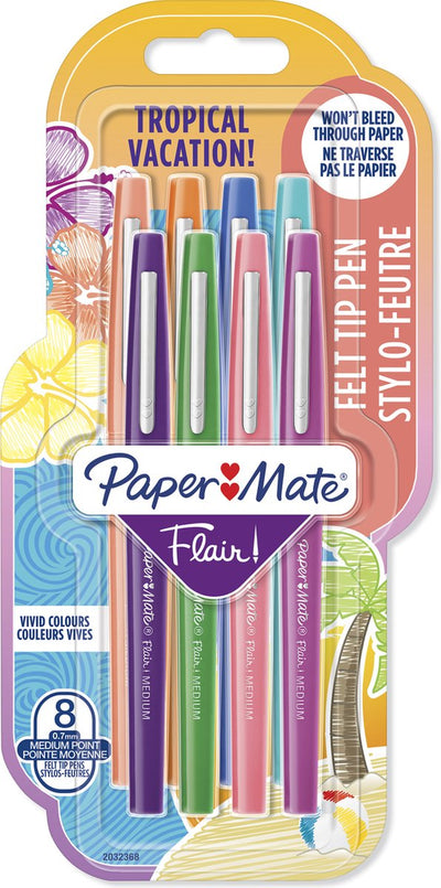 Paper Mate Flair Filzstifte | mittlere Spitze (0,7 mm) | verschiedene tropische Feiertagsfarben | 8 Stück