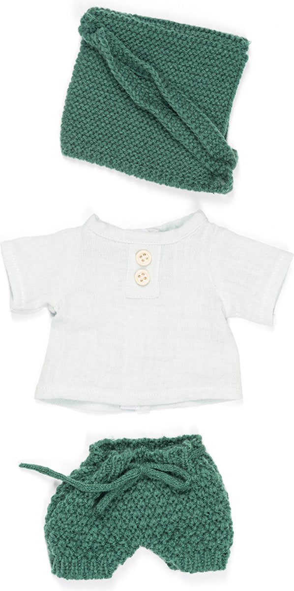 Miniland ml-Puppen: Kleidungsset grün weiß für Jungen 32 cm, 3-teilig, Pullover, Hose und Mütze, mit Kleiderbügel, 3+