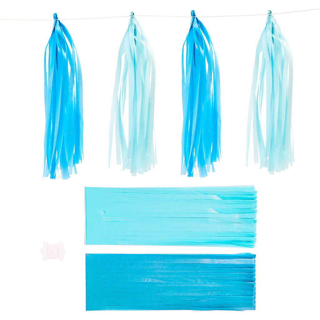 Creativ Company Quasten, Größe 12x35 cm, 14 g, blau, hellblau, 12 Stück 1 Box