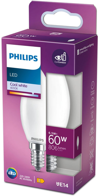 Philips LED-Lampe – Kerzenlampe mit E14-Fassung – kaltweißes Licht: 4000 K – 60 W – Milchglas