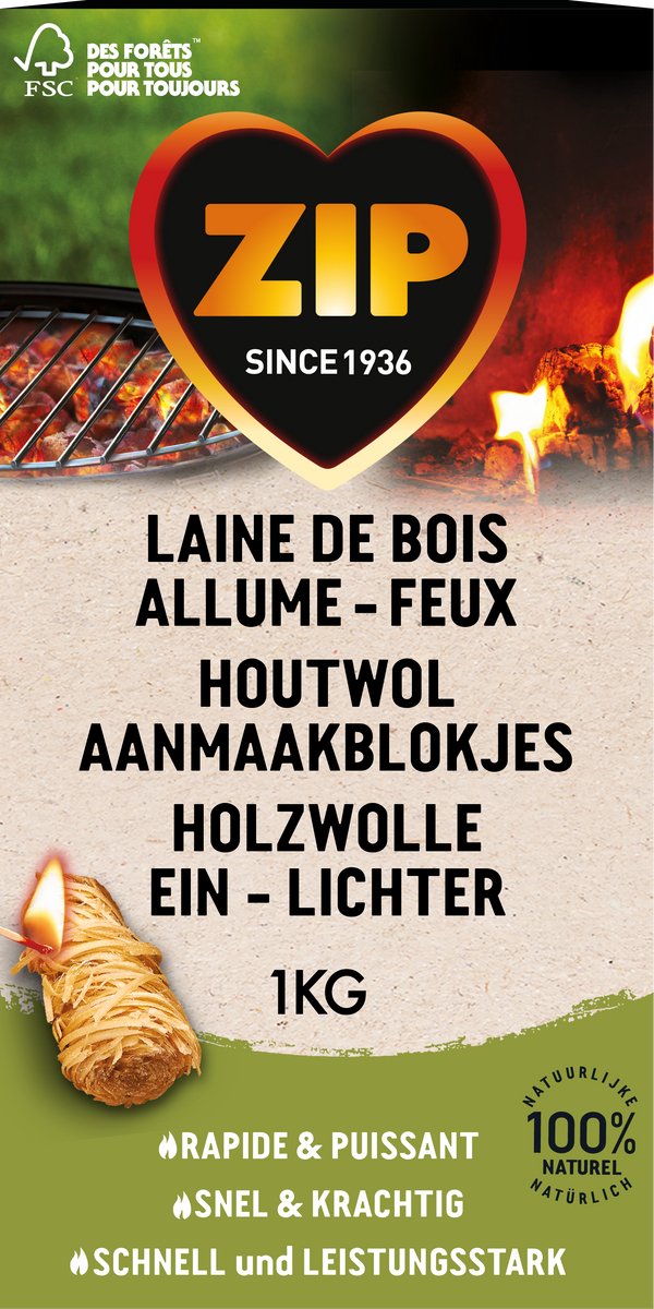 Zip-Feueranzünder 1 Kilo – Kamin-BBQ-Feueranzünder – natürlich und geruchlos – Holzwolle – 1 Beutel (+ – 85 Stück)