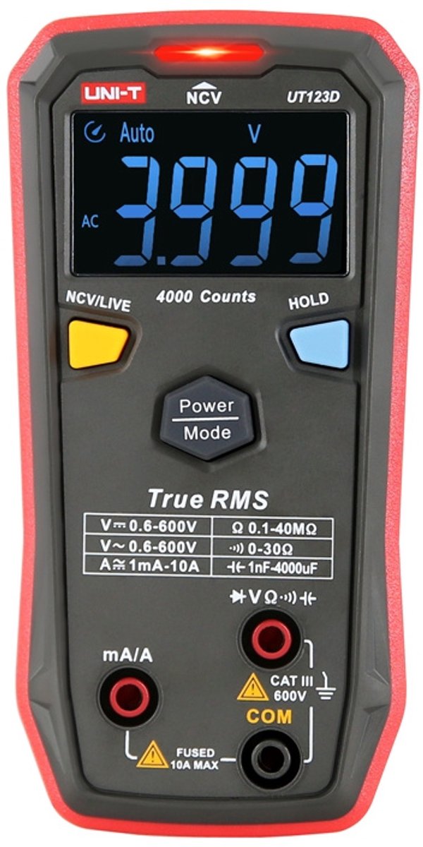 Uni-T UT123D True RMS Digitalmultimeter Smart One Button 4000 Counts Cat III 600V
