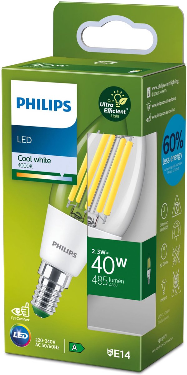 Philips LED Philips ultraeffiziente LED-Kerzenlampe transparent – 40 W – E14 – kaltweißes Licht