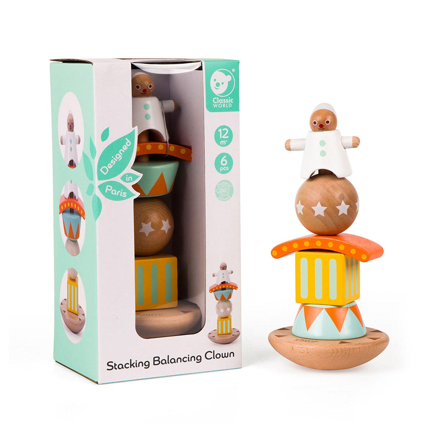 Klassischer Welt der Welt -Holzstapel und Balanspel Clown, 6dlg.