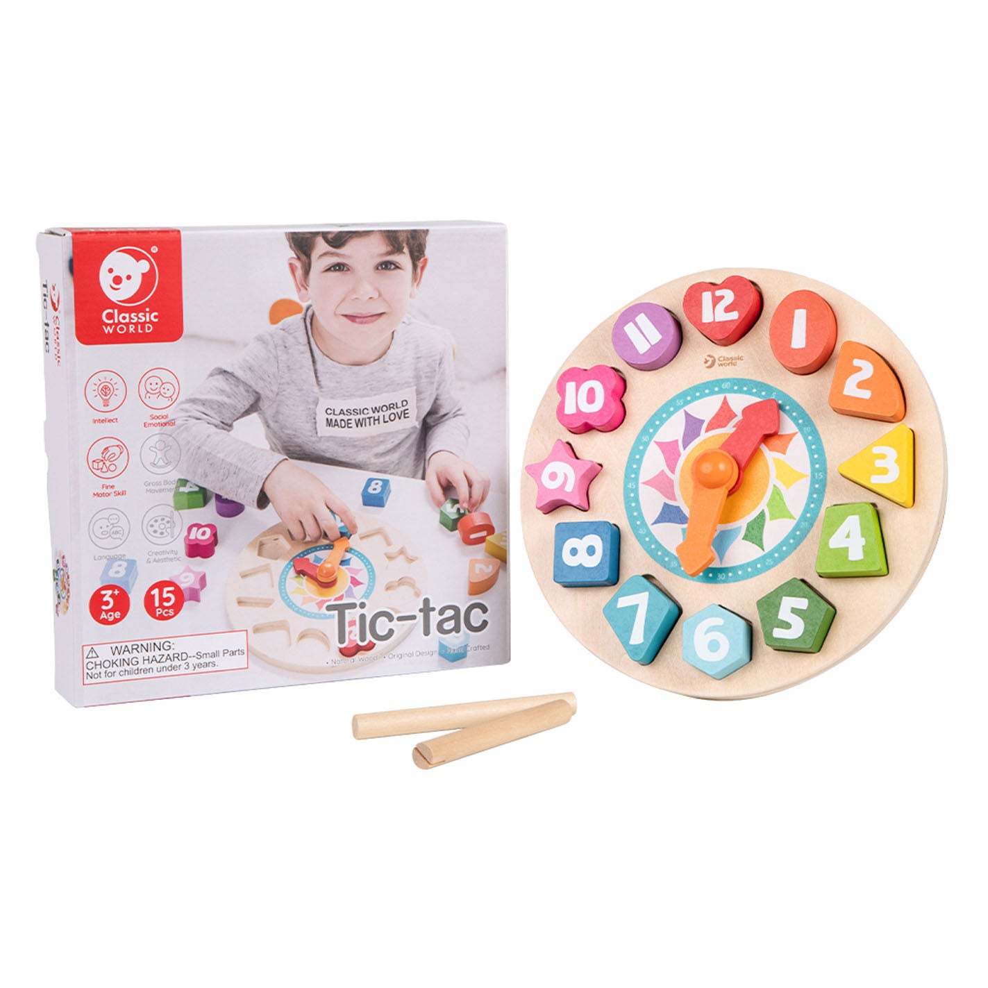 Klassische Welt-Welt-Holzlernuhr mit Formen Tic-Tac, 15dlg.