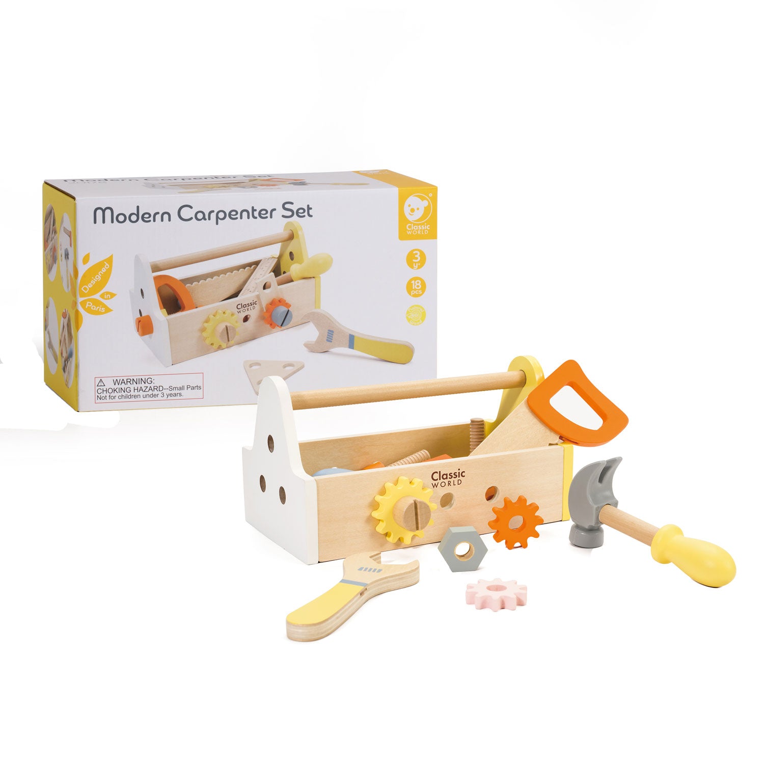 Klassiker World World Wooden Timmermanset mit Toolbox, 18dlg.
