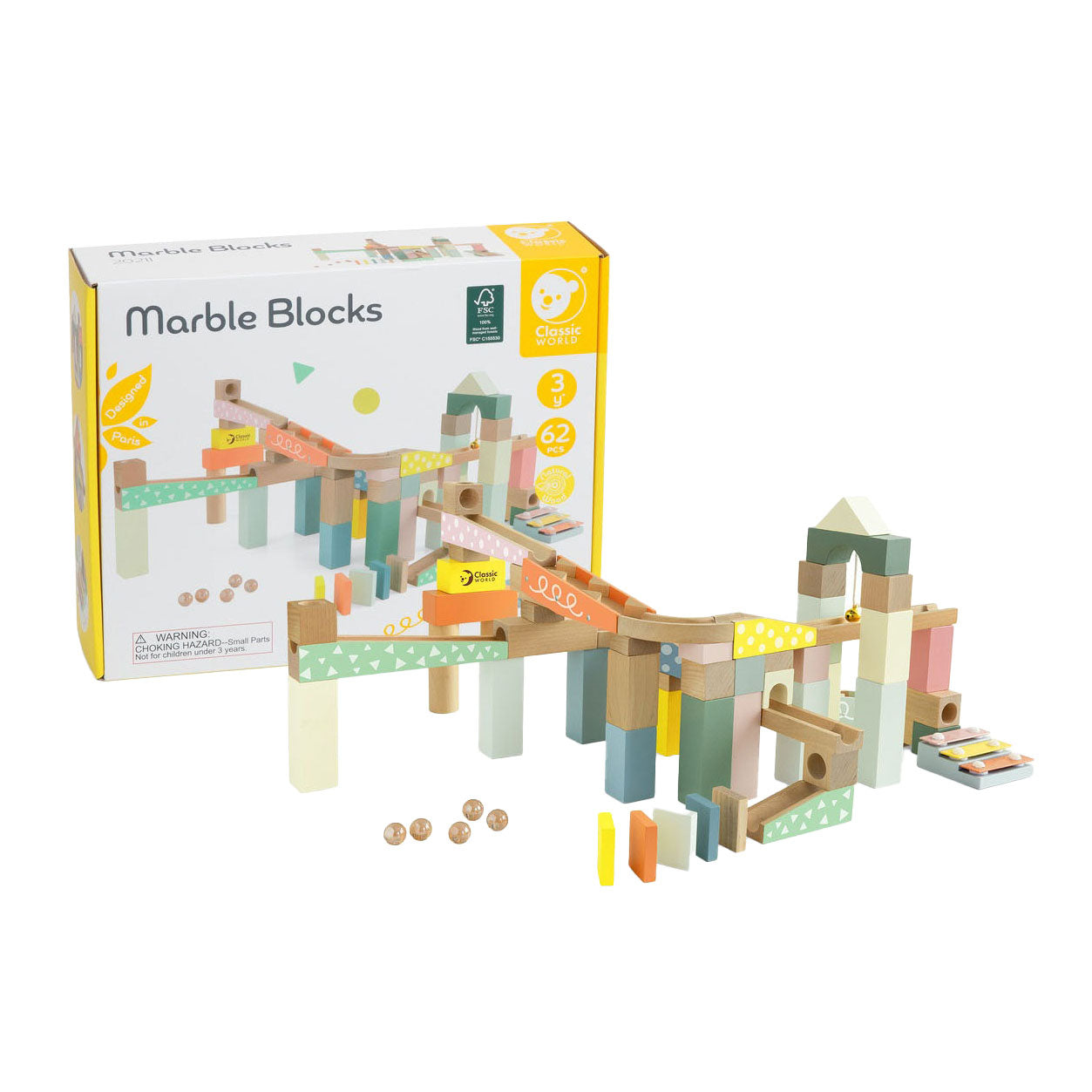 Klassische Welt der Welt Wooden Knikkerbaan Bouwset, 62dlg.