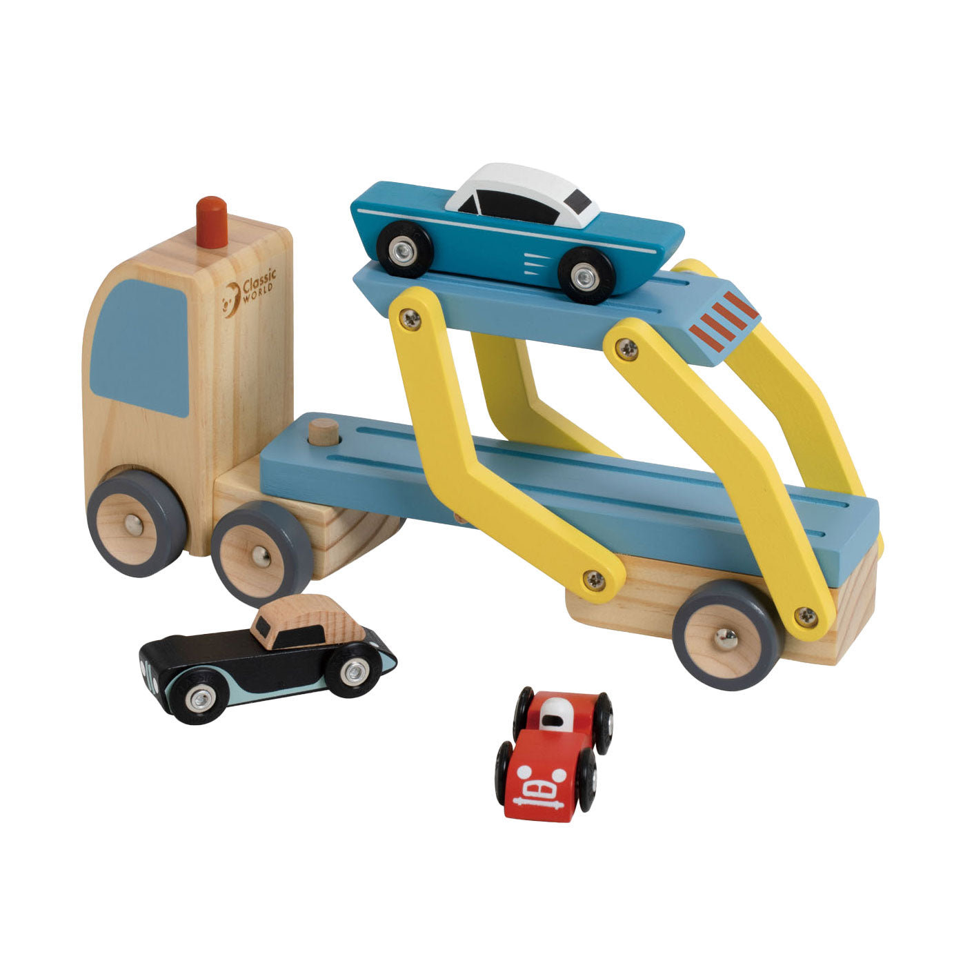 Klassiker Welt der Welt -Holztransporter mit 3 Autos