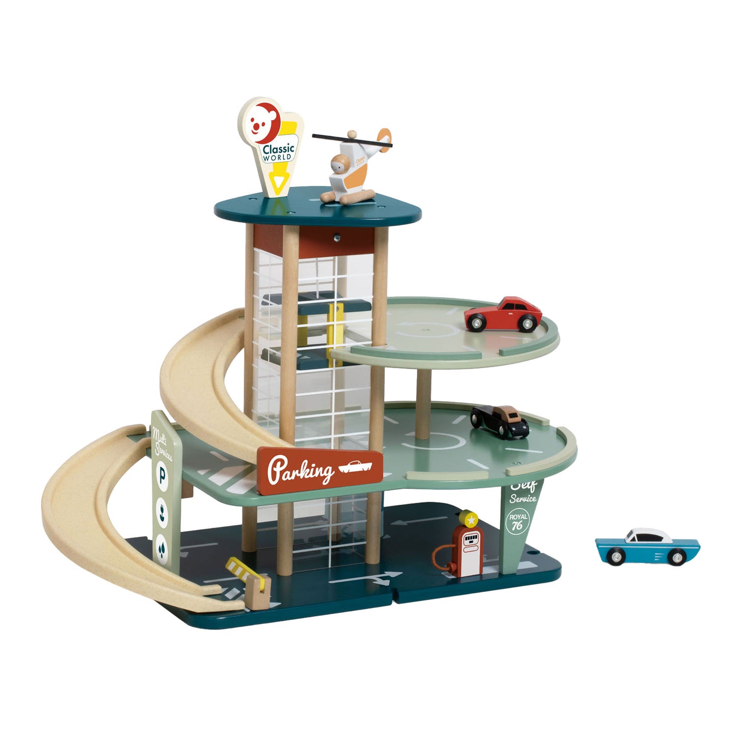 Klassische Welthölzerne -Vintage -Garage mit Autos, 11dlg.