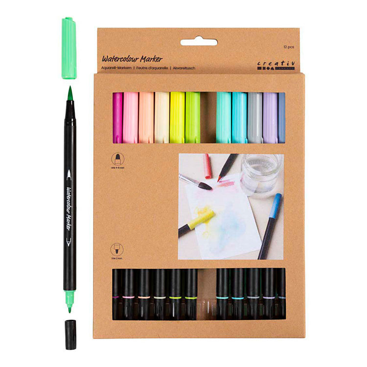 Creativ Company Aquarellmarker, Pastell, Strichstärke 2+4-8 mm, verschiedene Farben, 12 Stück 1 Box
