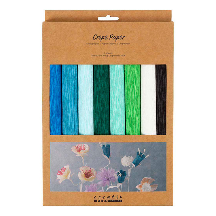 Creativ Company Krepppapier, Blatt 25 x 60 cm, Kreppverhältnis: 180 %, 105 g, blau-grüne Harmonie, 8 Blatt 1 Karton