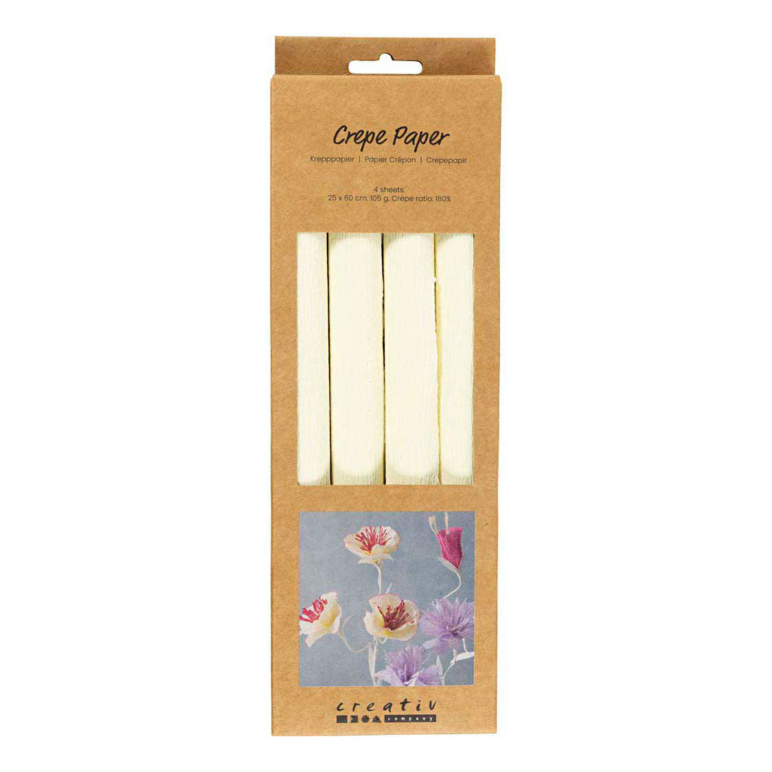 Creativ Company Krepppapier, Blatt 25 x 60 cm, Kreppverhältnis: 180 %, 105 g, gebrochenes Weiß, 4 Blatt 1 Karton