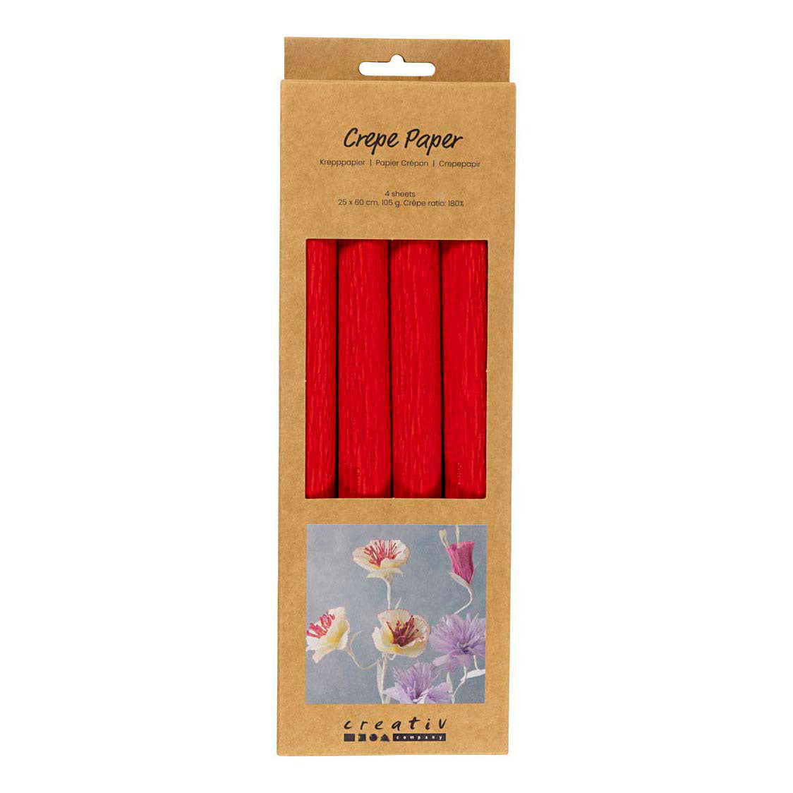 Creativ Company Krepppapier, Blatt 25x60 cm, Kreppverhältnis: 180 %, 105 g, rot, 4 Blatt 1 Karton