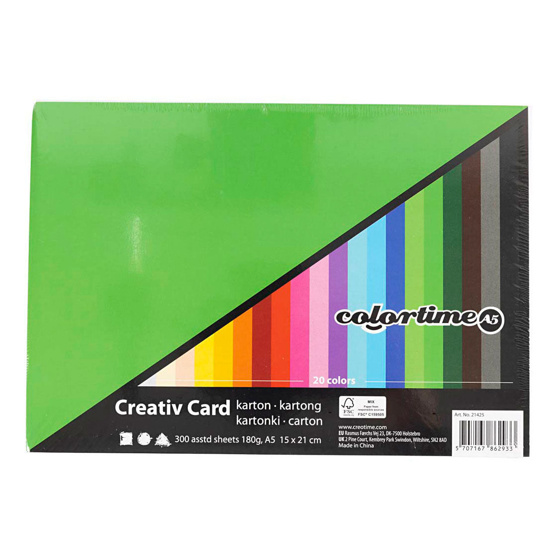 Colortime farbiger Karton, A5, Blatt 148 x 210 mm, 180 g, verschiedene Farben, 300 verschiedene Blätter, 1 Karton