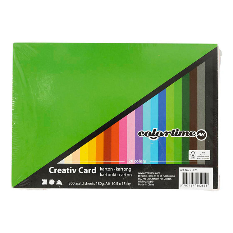 Colortime-Farbkarton, A6, Blatt 105 x 148 mm, 180 g, verschiedene Farben, 300 Blatt, 1 Karton