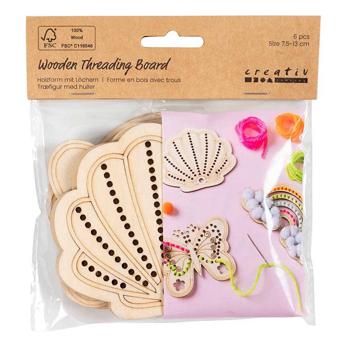 Creativ Company Holzform mit Löchern, Regenbogen, Muschel, Schmetterling, Größe 7,5-13 cm, 6 Stück 1 Box