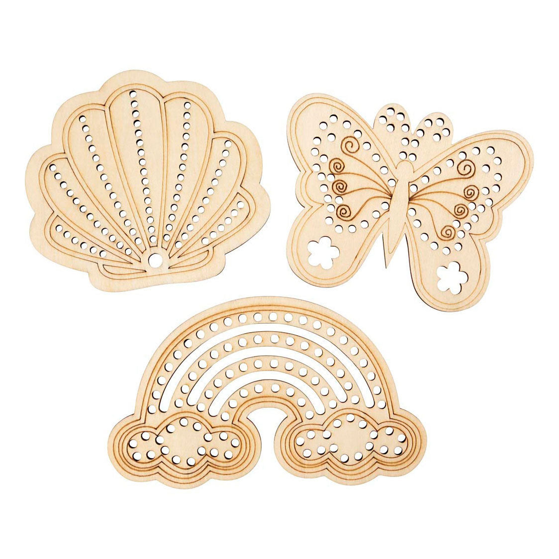 Creativ Company Holzform mit Löchern, Regenbogen, Muschel, Schmetterling, Größe 7,5-13 cm, 6 Stück 1 Box