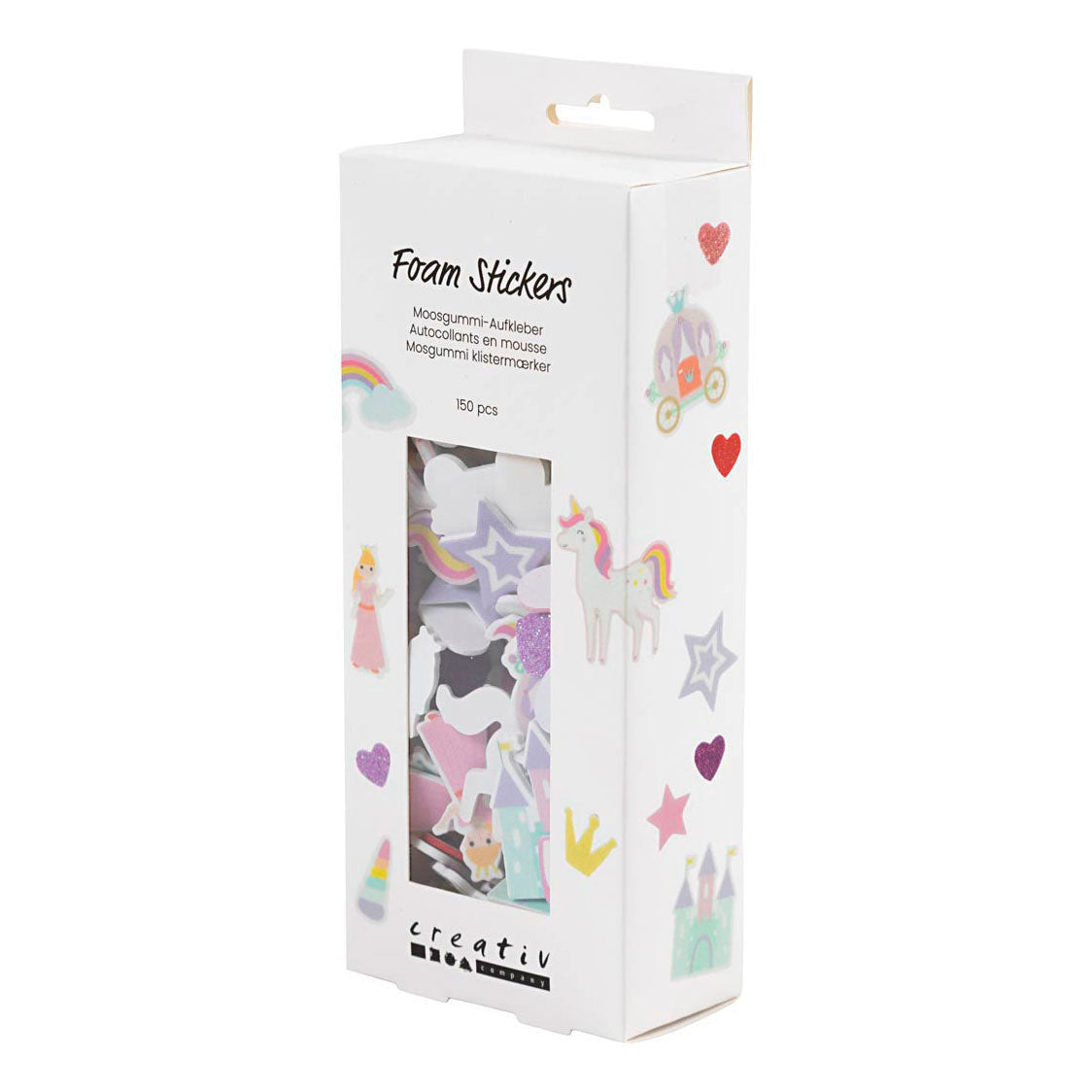 Creativ Company Schaumstoffaufkleber, Herz, Prinzessin, Einhorn, selbstklebend, Größe 13-50 mm, lila rosa Harmonie, 150 Stück 1 Box