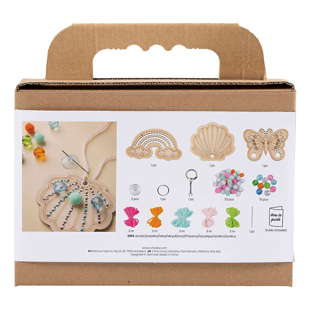 Creativ Company Mini-Hobby-Set Stickerei, Schmetterling, Muschel, Regenbogen, verschiedene Farben, 1 Box