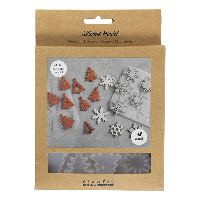 Creativ Company Silikonformen, Schneeflocken und Weihnachtsbäume, H: 0,3 cm, B: 3,5 + 4,7 cm, mit Loch zum Aufhängen, matt transparent, 2 Stück 1 Stück