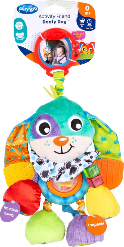 Playgro Aktivitätsfreund Doofy Dog – Hängespielzeug – Babyspielzeug – Kinderwagenspielzeug – Rassel – Kinderwagenzubehör – Buggy-Zubehör – Lernspielzeug – Stofftier