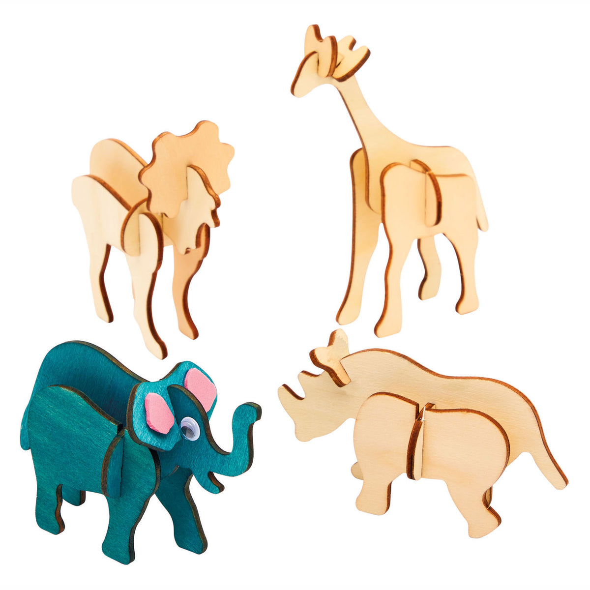 Färben machen und dekorieren Sie Ihre hölzernen 3D -Puzzle -Dschungel -Tiere, Set von 4