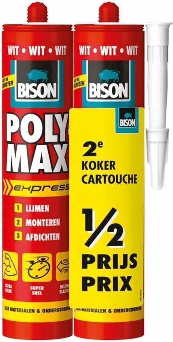 Bison Poly Max Express weiß 2x 425gr, Duo-Verpackung, 2. Tube zum halben Preis, - Montagekleber, Kleben, Montieren und Abdichten, einzigartige SMP-Technologie, lösungsmittelfrei, drinnen und draußen, fast alle Oberflächen